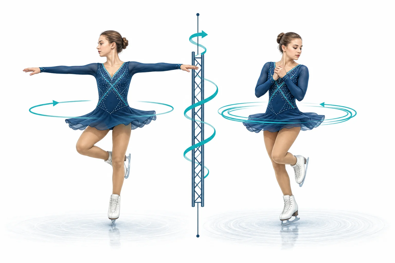 A skater shown in two positions, first spinning with arms extended and then spinning with arms pulled in, to compare rotational motion