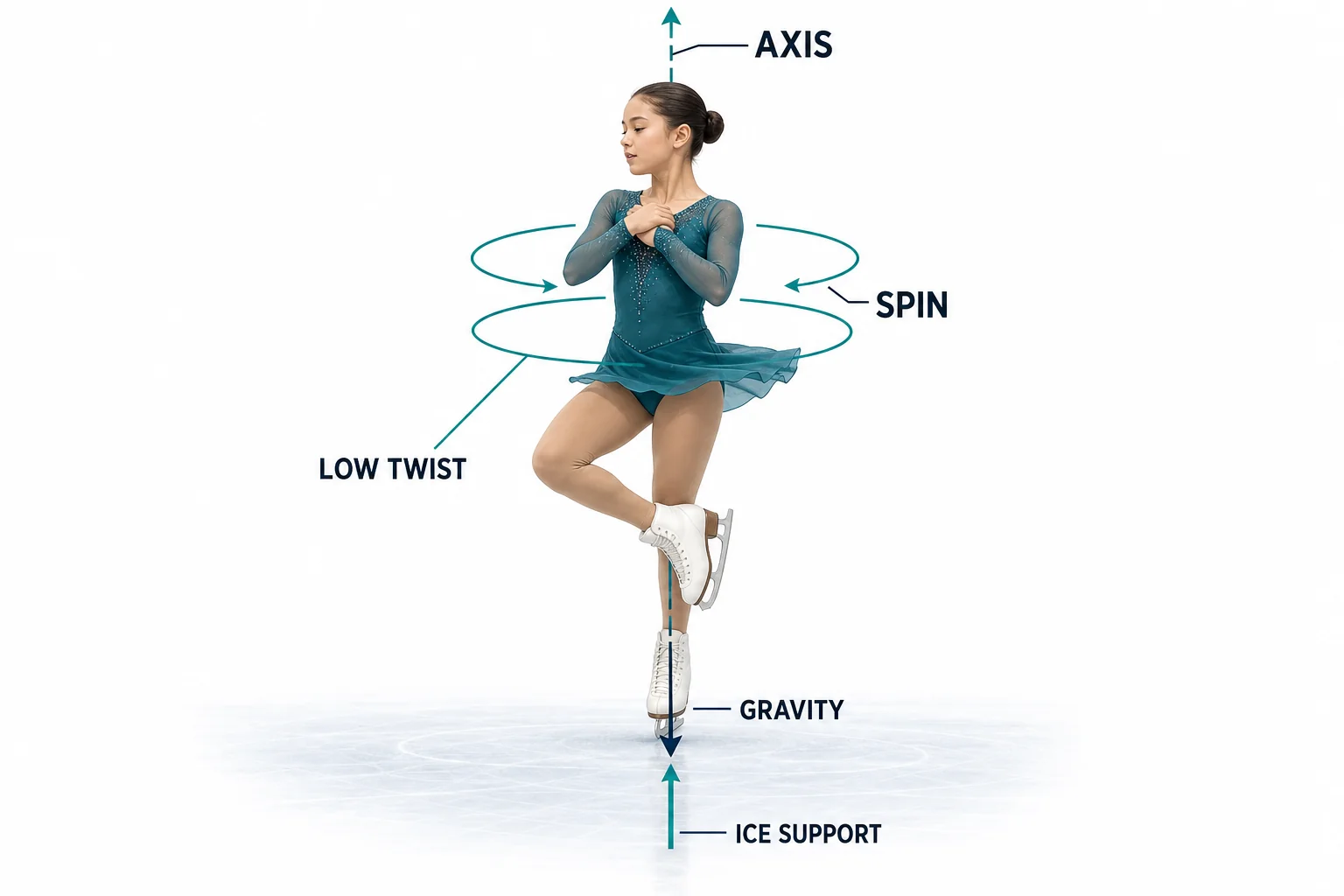 A skater viewed from the side and top with arrows showing rotation around a vertical axis and small outside twisting force