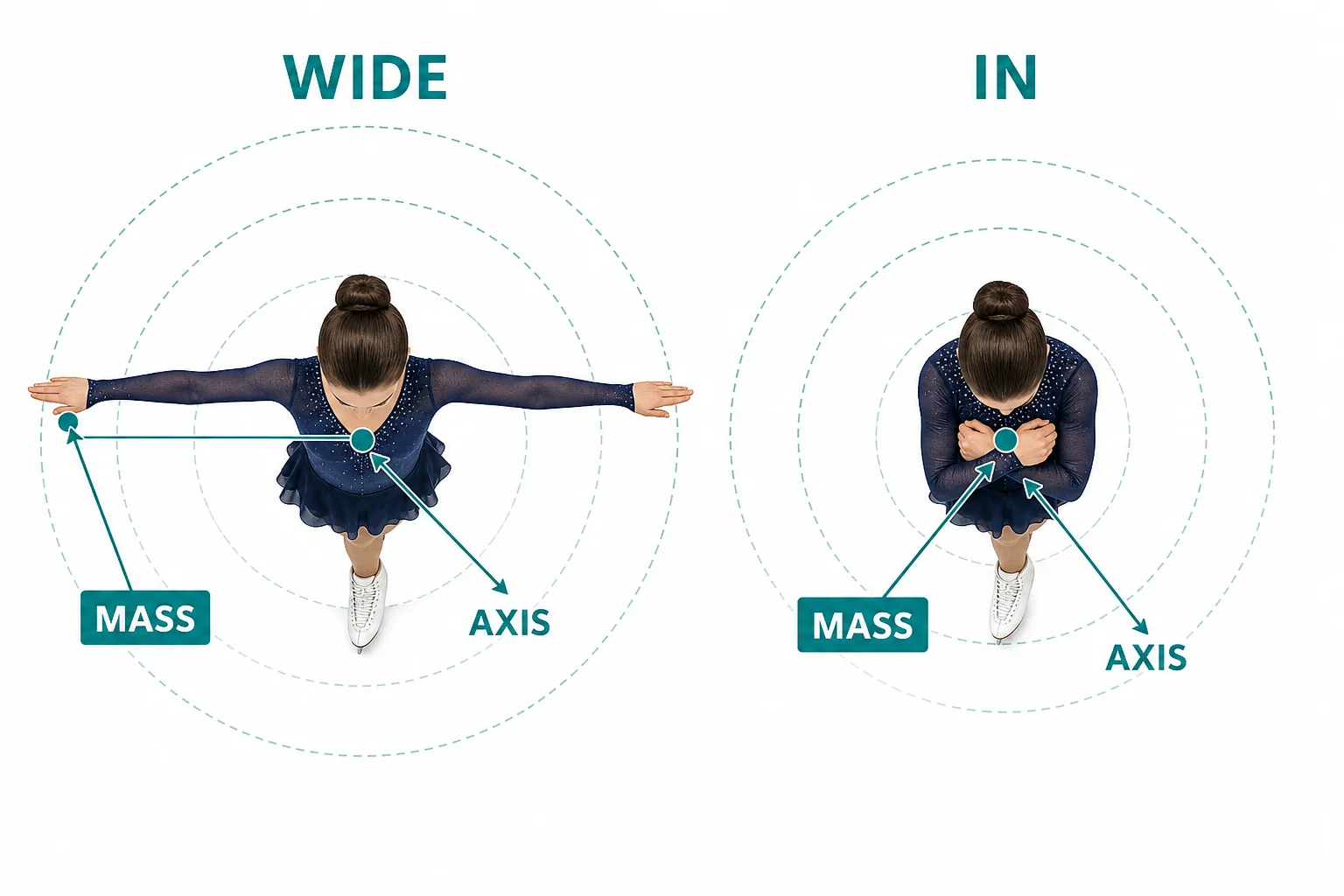 Top view of a skater with arms extended compared with arms pulled in, showing mass farther from and closer to the rotation axis