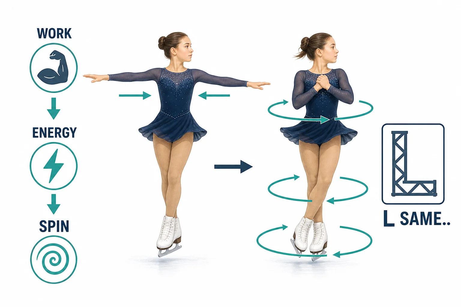 A skater pulling arms inward with arrows showing muscle work adding rotational kinetic energy while angular momentum remains nearly constant