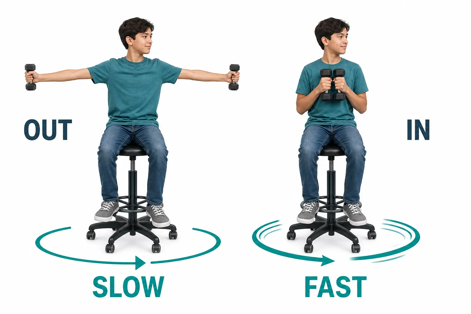 A student on a rotating chair holding weights out and then in, showing a classroom model of a skater's changing spin rate