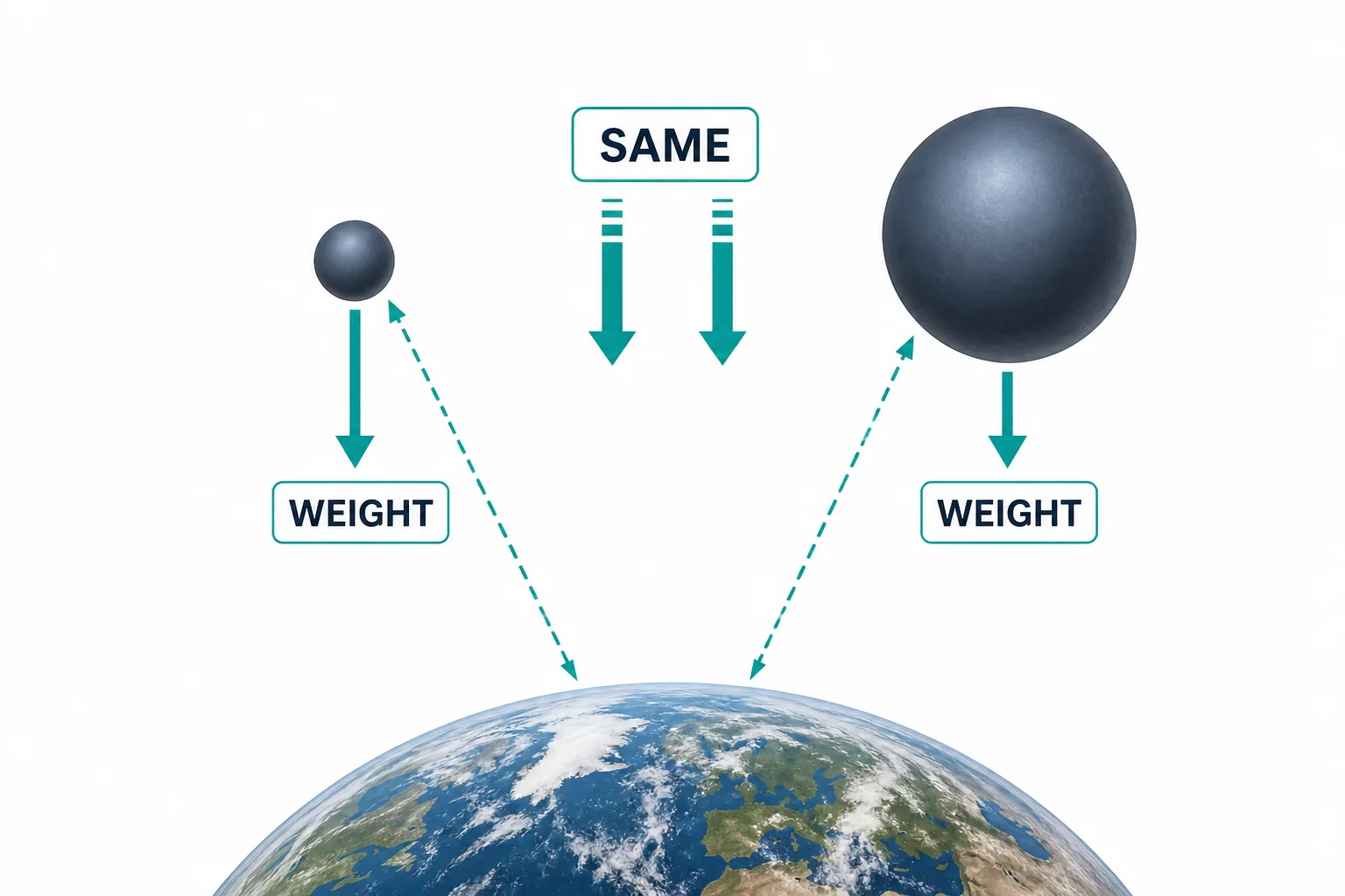 Earth pulling downward on a small ball and a larger ball with different force arrows, while both balls have the same downward acceleration arrow.