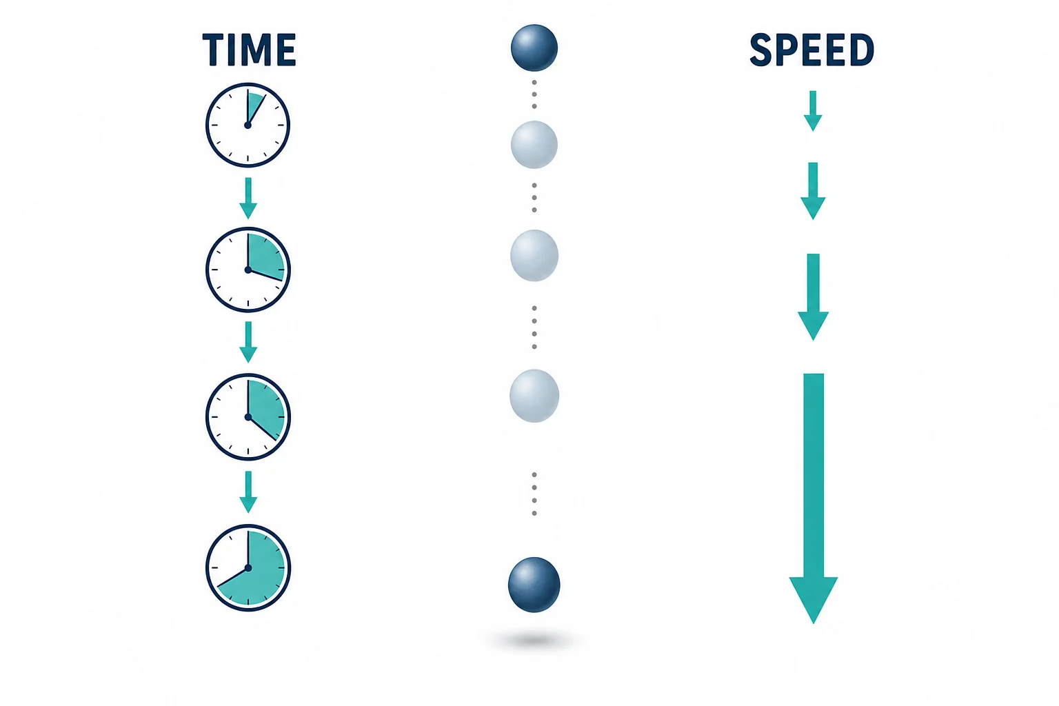 A falling ball shown at equal time intervals with larger spacing between positions to show increasing speed during downward acceleration.