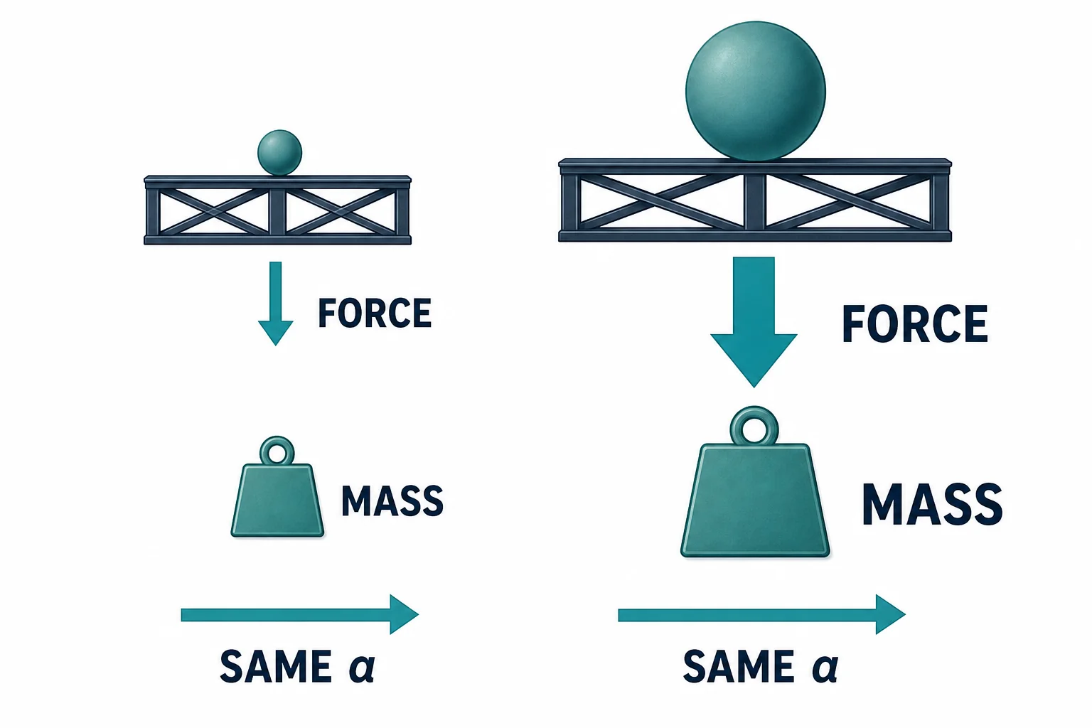 A simple balance-style diagram showing a light object and heavy object with force and mass increasing together, leading to equal acceleration.