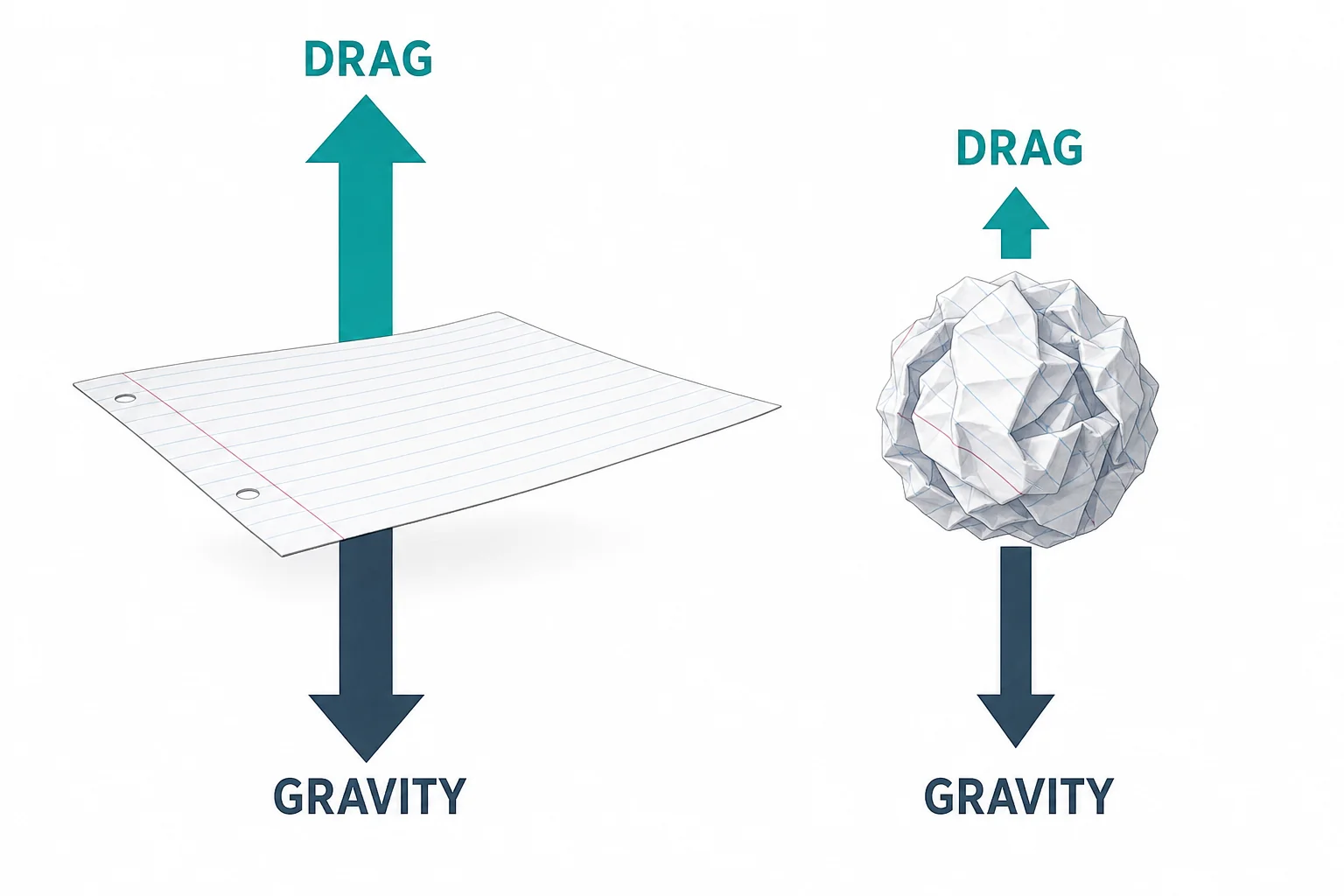 A flat sheet of paper falling slowly with a large upward air resistance arrow and a crumpled paper ball falling faster with a smaller air resistance arrow.