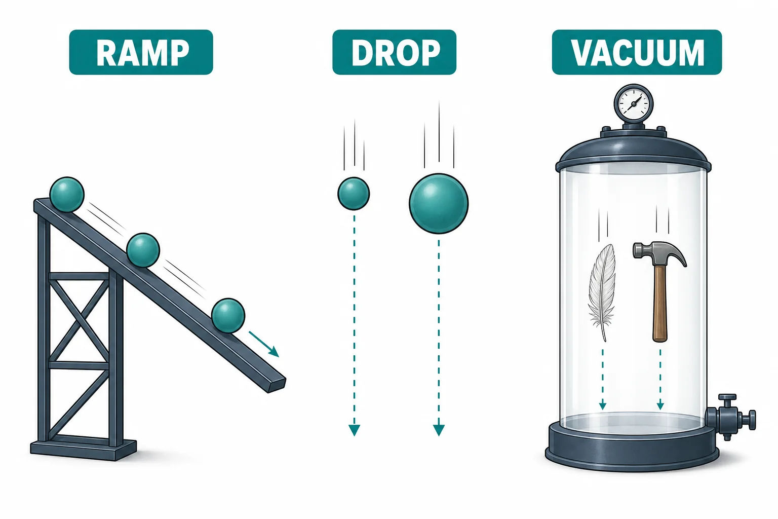 A historical and modern comparison showing a ramp experiment, two falling balls, and a feather and hammer falling together in a vacuum tube.