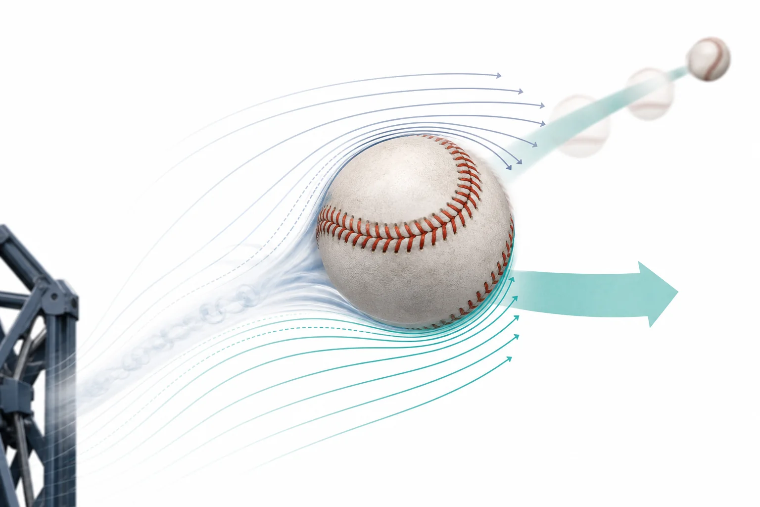 A spinning baseball moving through air with arrows showing airflow and a sideways force that changes its path.