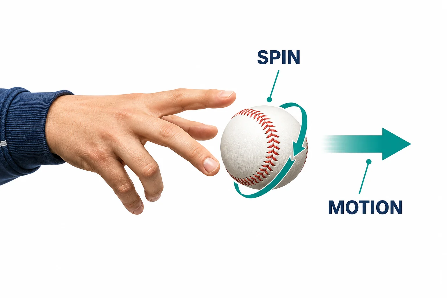 A baseball leaving a pitcher's fingers with arrows showing forward motion and tilted spin.