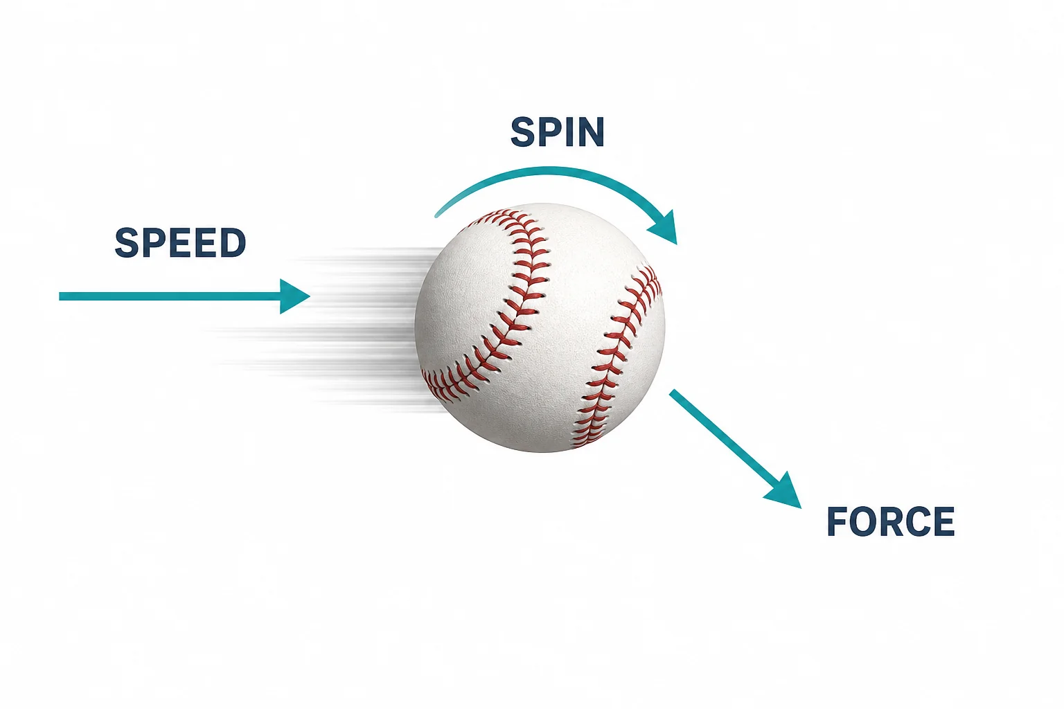 A baseball with a forward velocity arrow and a sideways Magnus force arrow showing the direction of the curve.