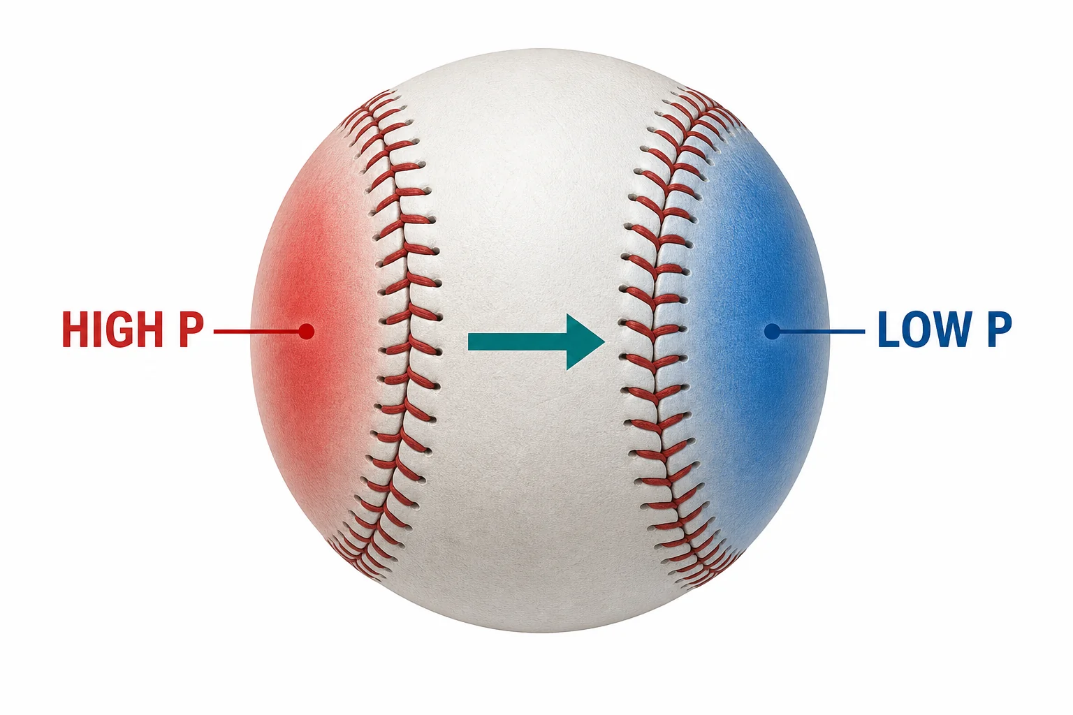 A spinning baseball with higher pressure shown on one side and lower pressure on the other side, causing a force toward the low pressure side.