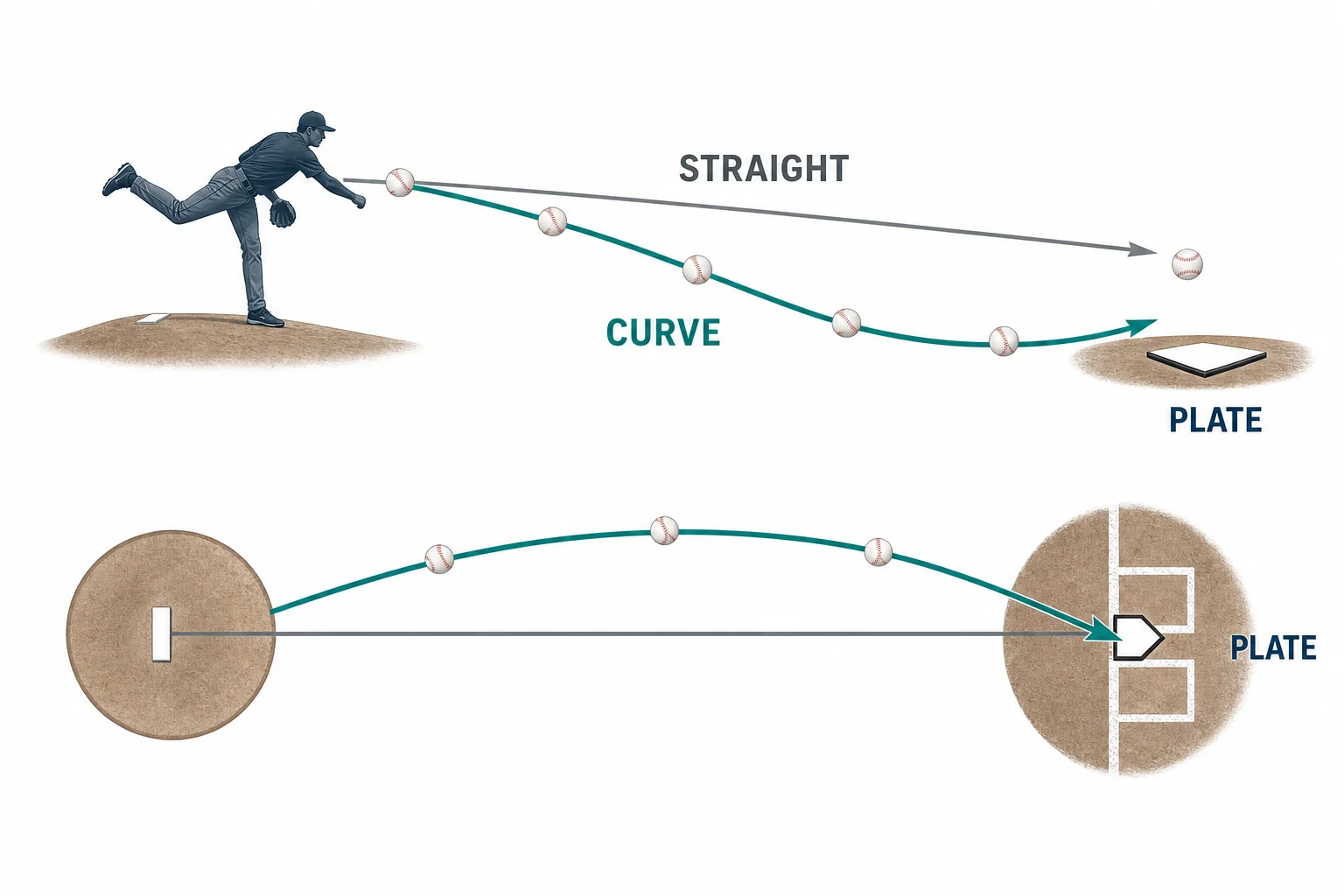 A comparison of a straight-line path and a measured curved baseball path between the pitcher and home plate.
