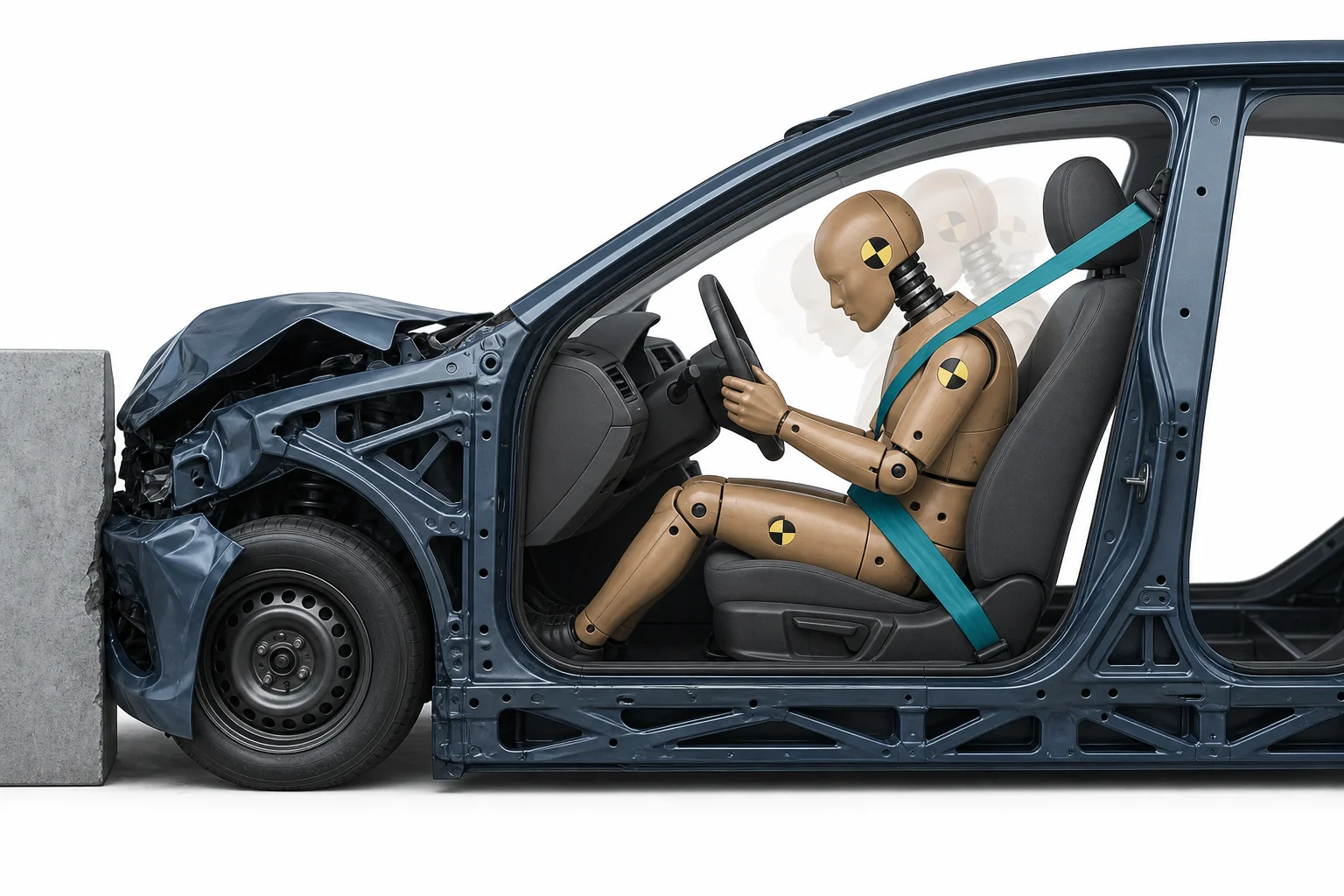 A car passenger wearing a seatbelt while arrows show the car stopping and the passenger being held back safely.