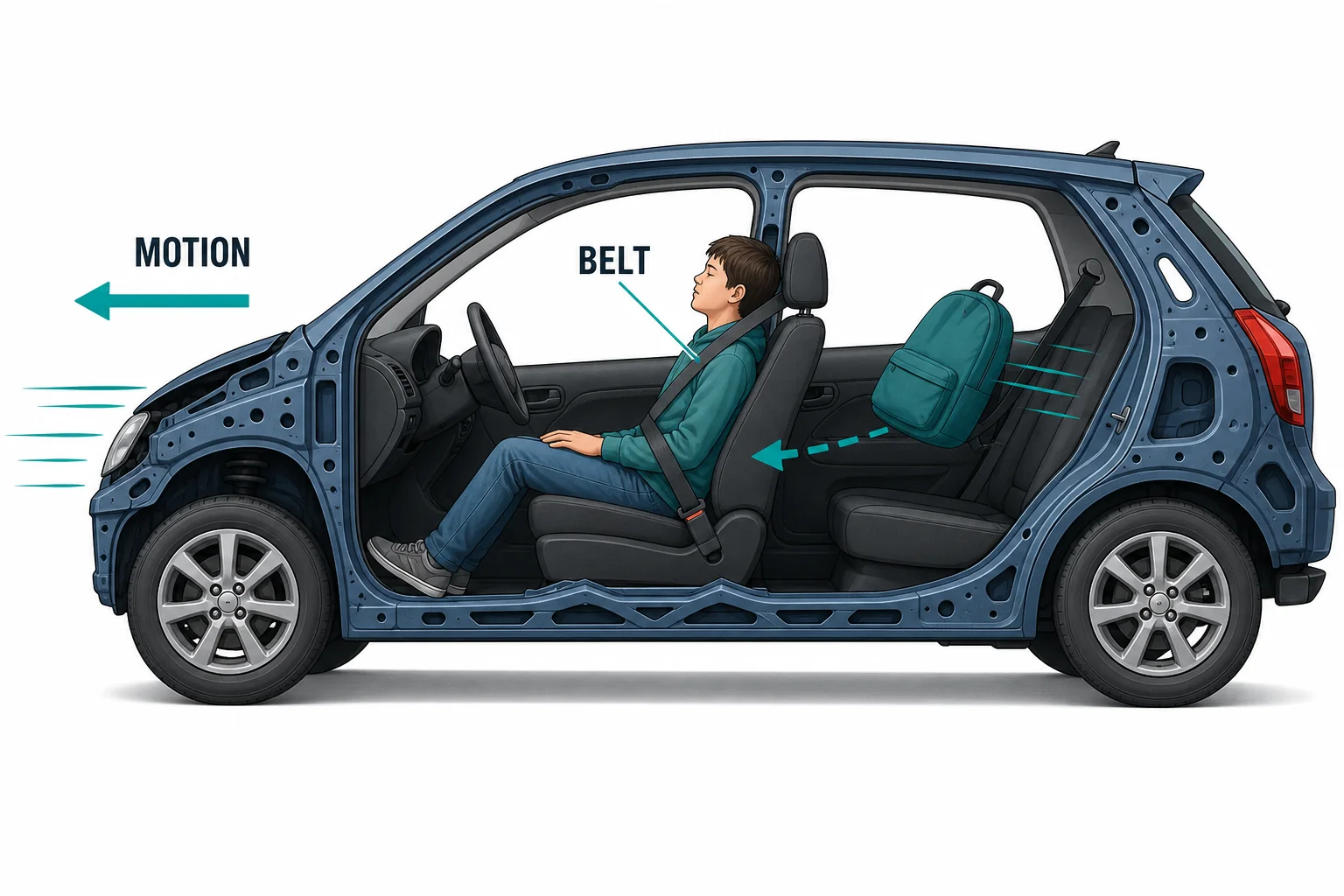 A side view of a car stopping while a belted passenger is held in place and a loose backpack keeps moving forward.