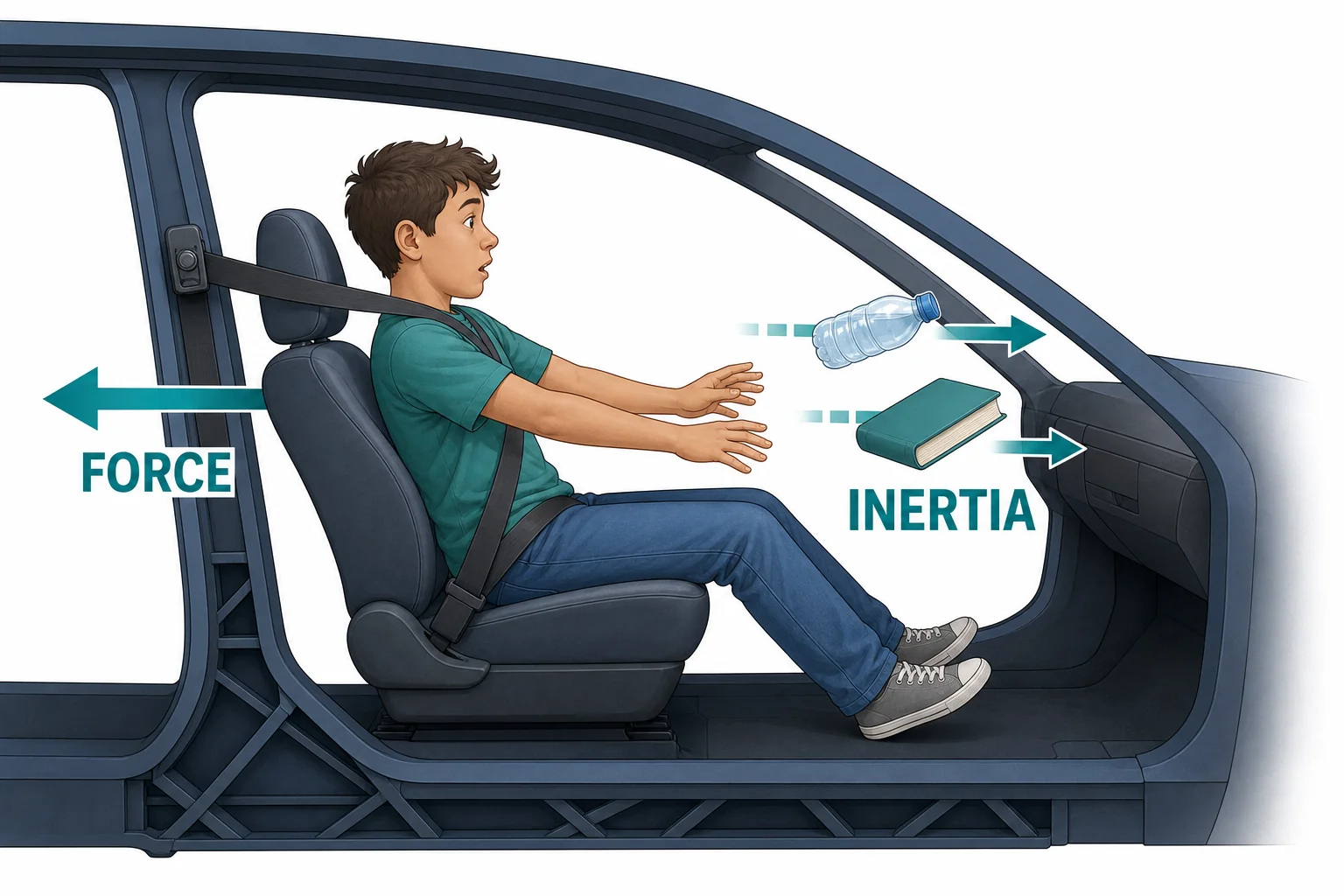 A simplified car interior showing a belted passenger, a loose water bottle, and a book with forward arrows during a sudden stop.