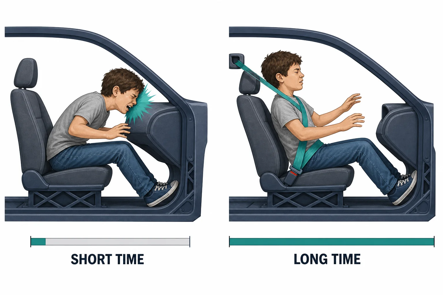Two simple crash stopping diagrams comparing a short stopping time without a belt and a longer stopping time with a belt.