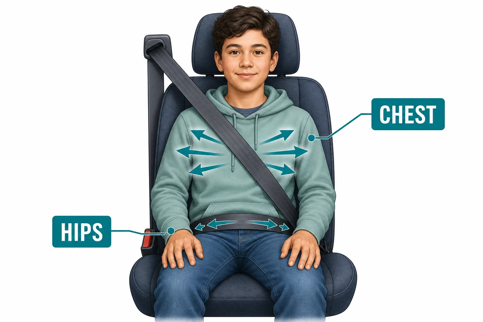 A front view of a student-sized passenger showing correct lap belt and shoulder belt positions across the hips and chest.