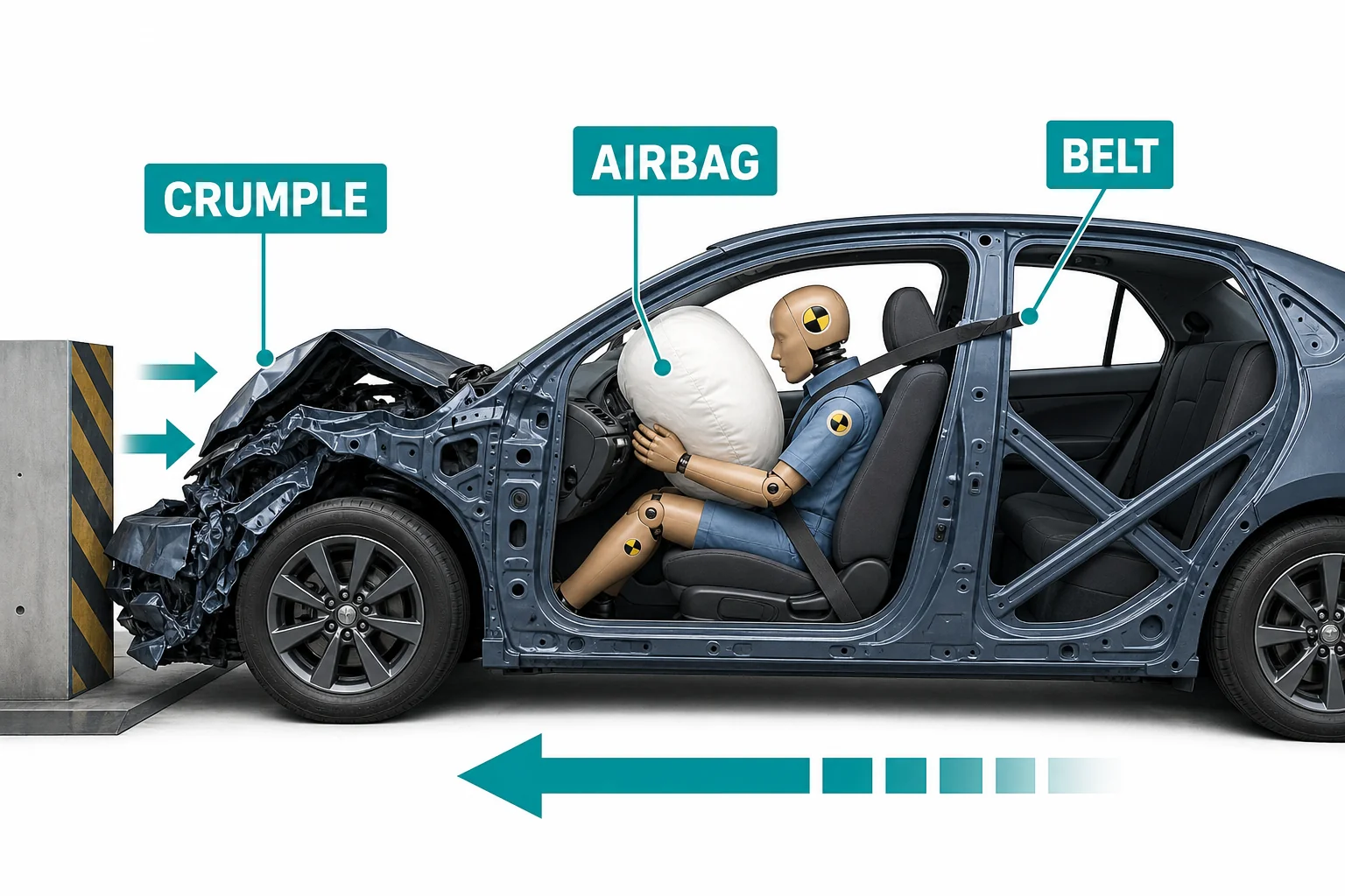 A cutaway car crash safety diagram showing a seatbelt, airbag, crumple zone, and protected passenger space.