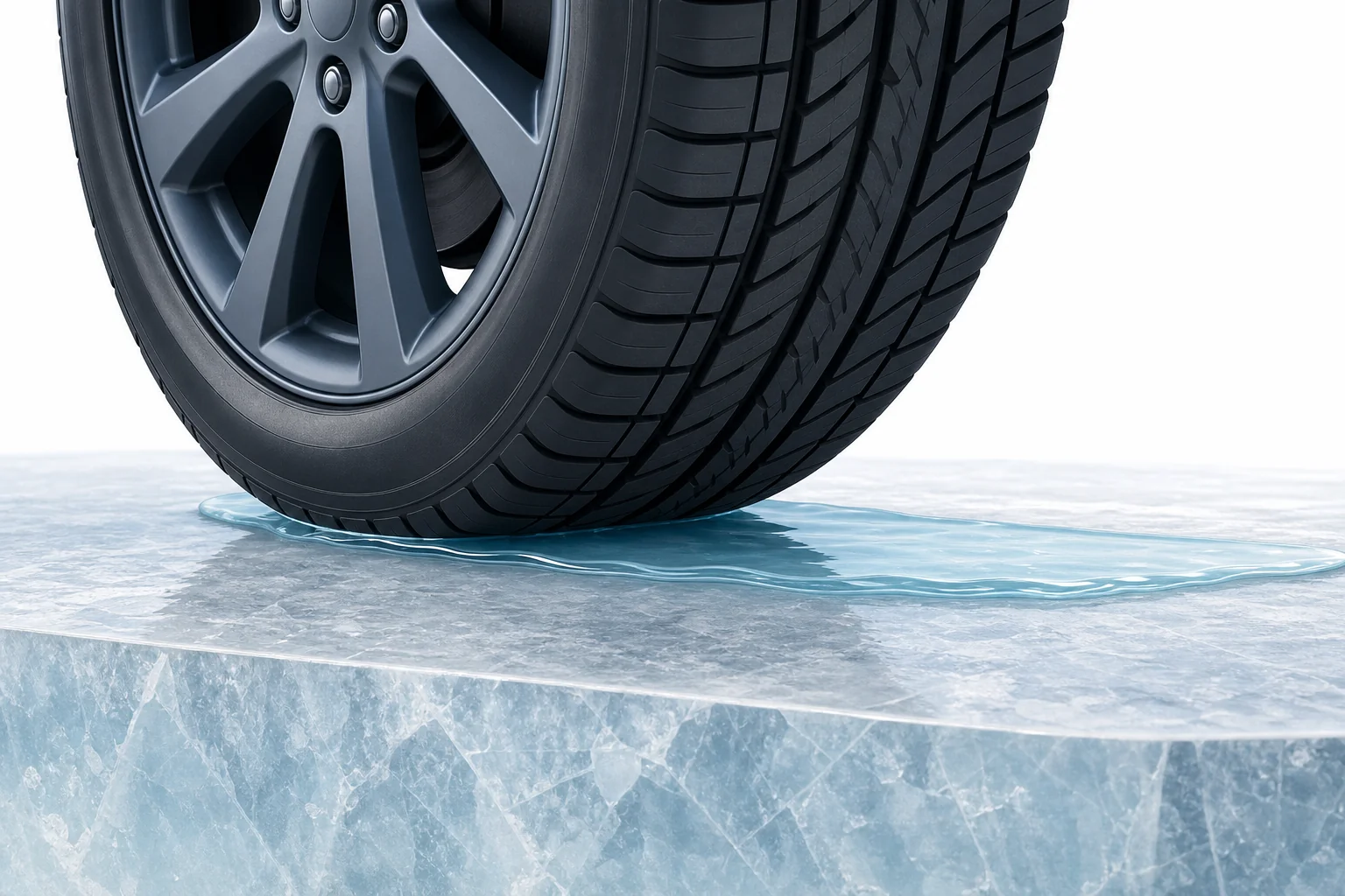A car tire on an icy road showing a thin water film between the rubber and the ice surface.