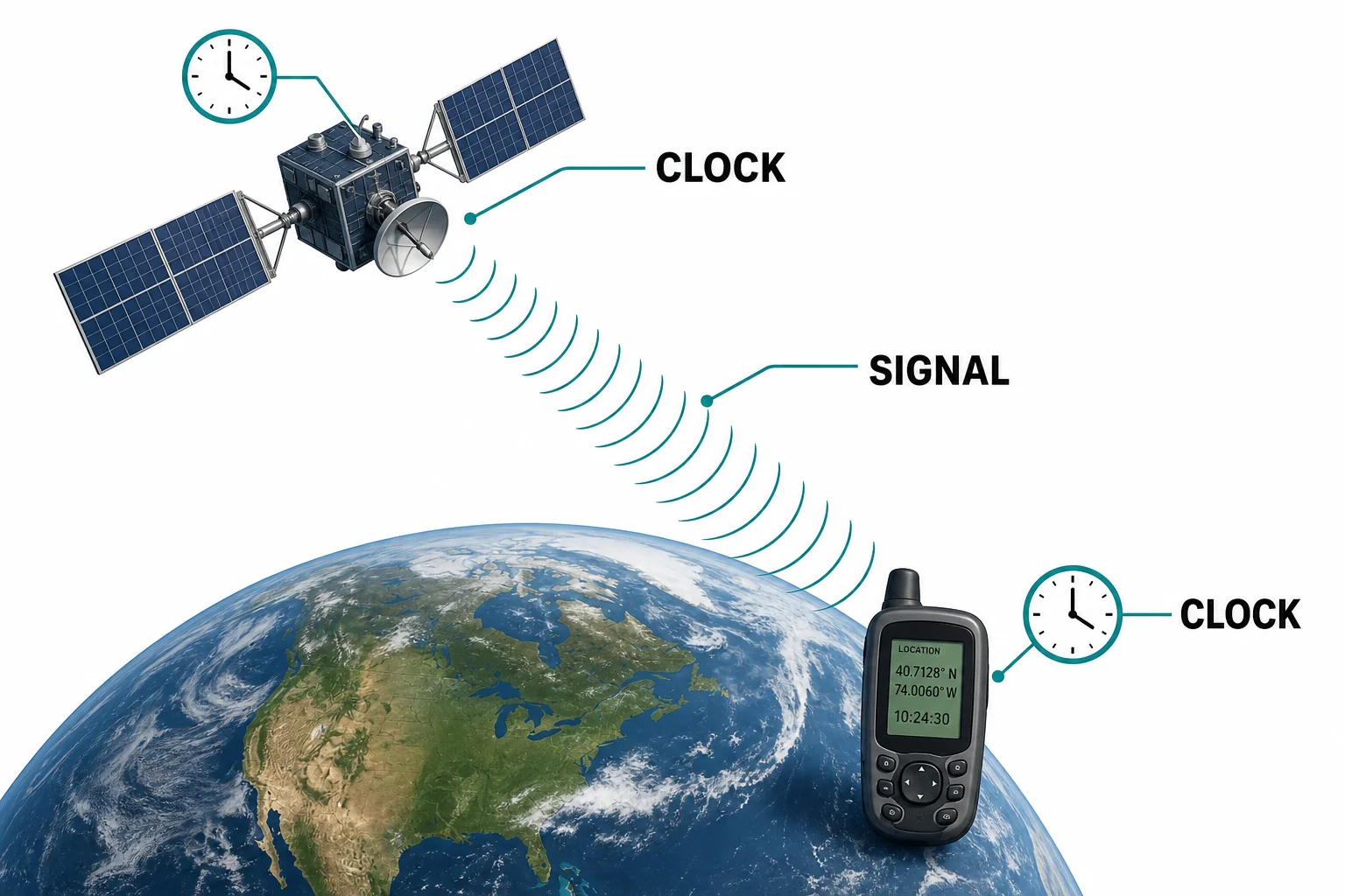 A GPS satellite sending a radio signal with a timestamp toward a receiver on Earth.