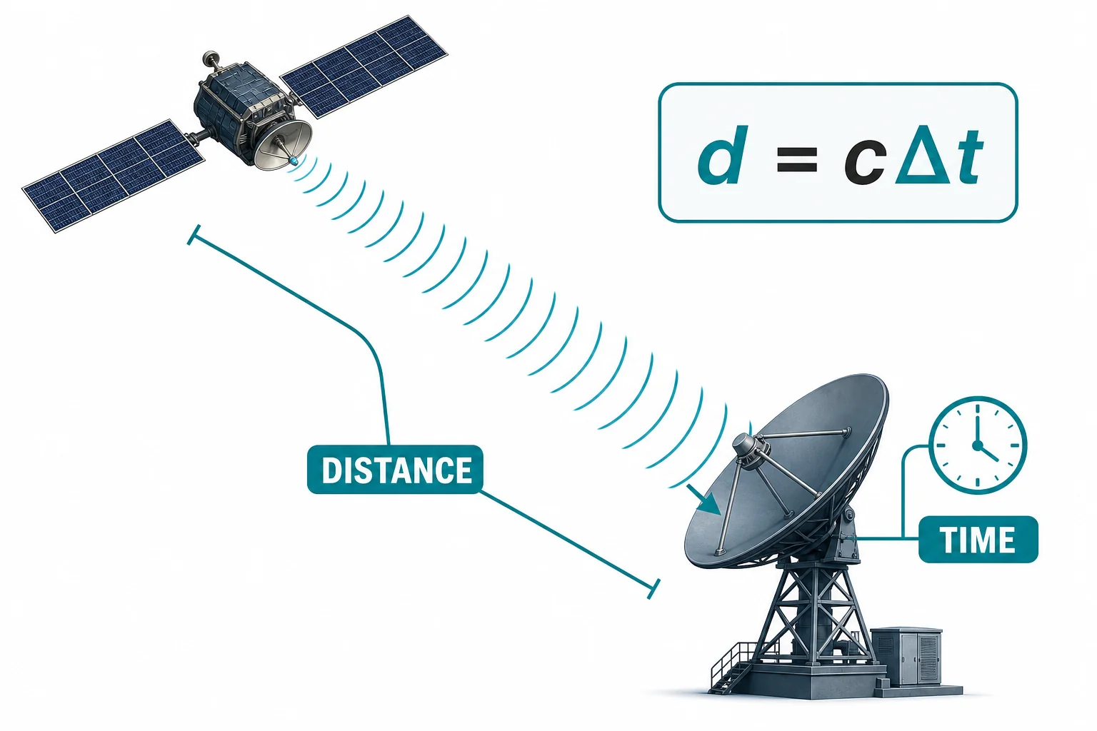 A diagram showing a radio wave path from a satellite to a receiver and the equation distance equals speed times time.