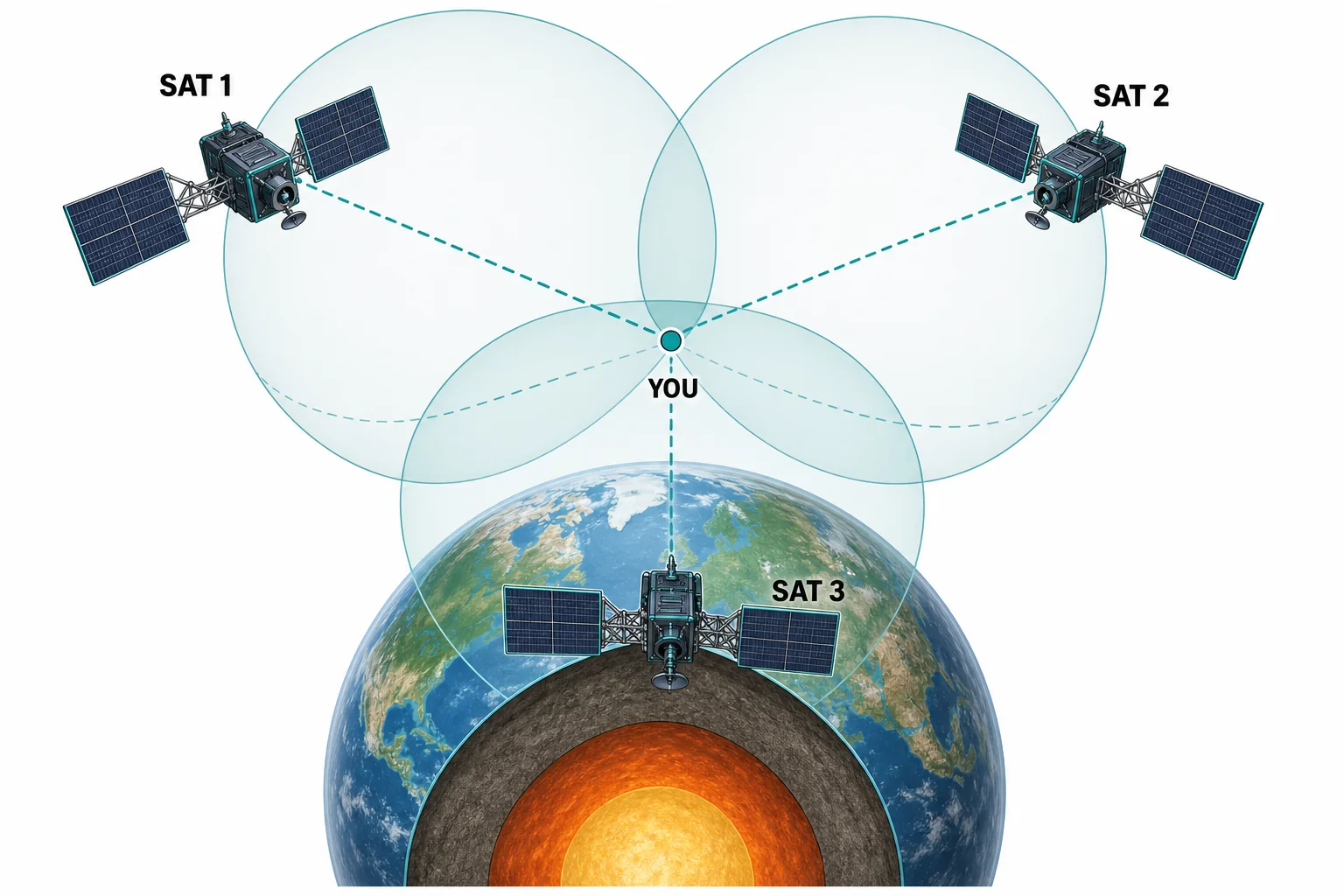Three distance spheres from satellites intersecting near one receiver location on Earth.