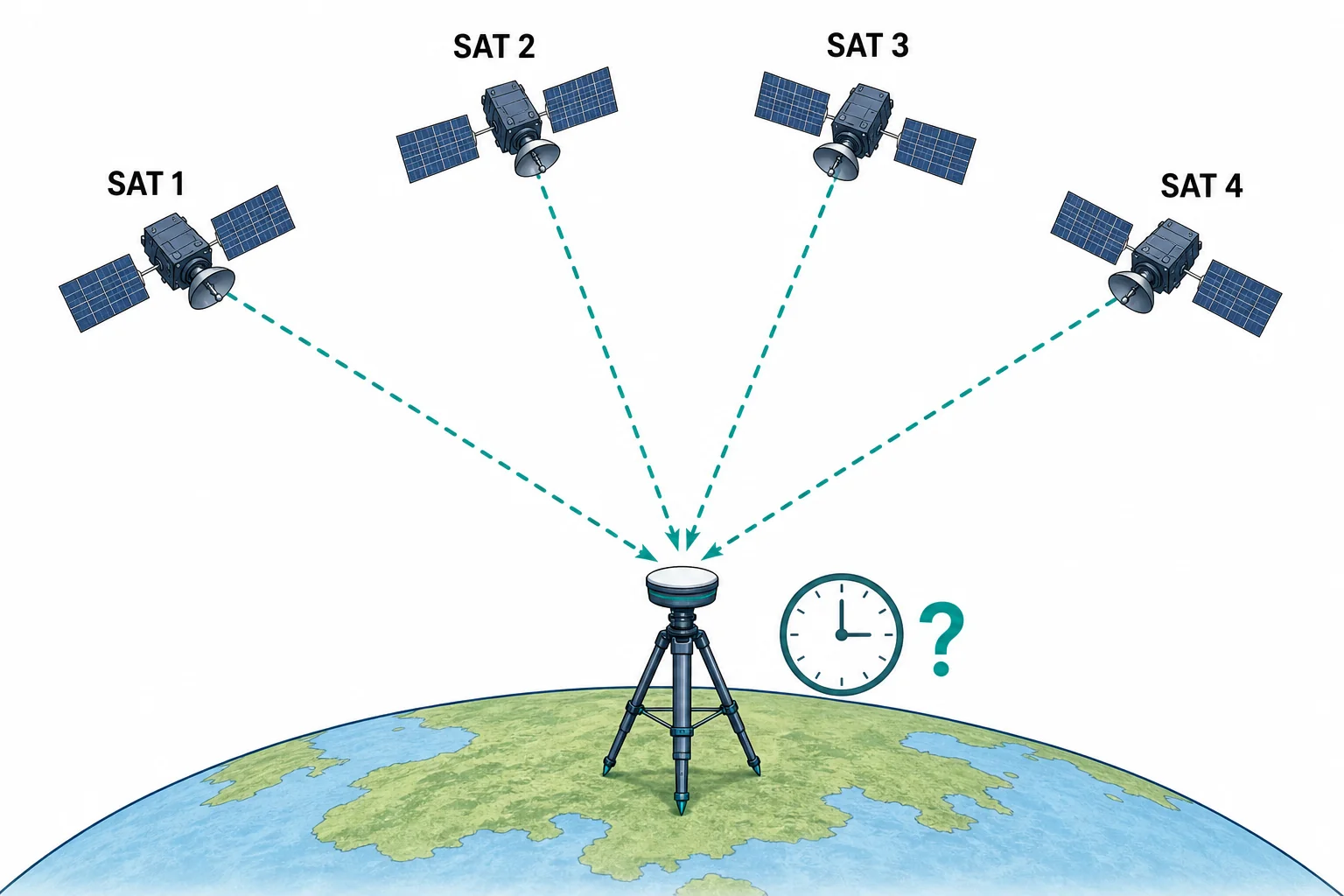Four satellites sending signals to one receiver, with the receiver clock shown as an unknown being solved.