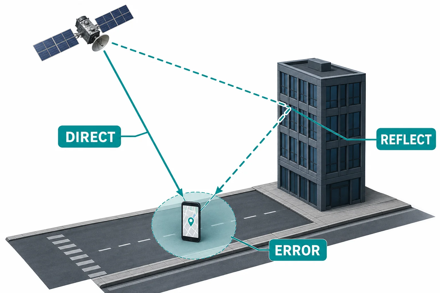 A receiver in a city where one GPS signal travels directly and another reflects off a building before arrival.
