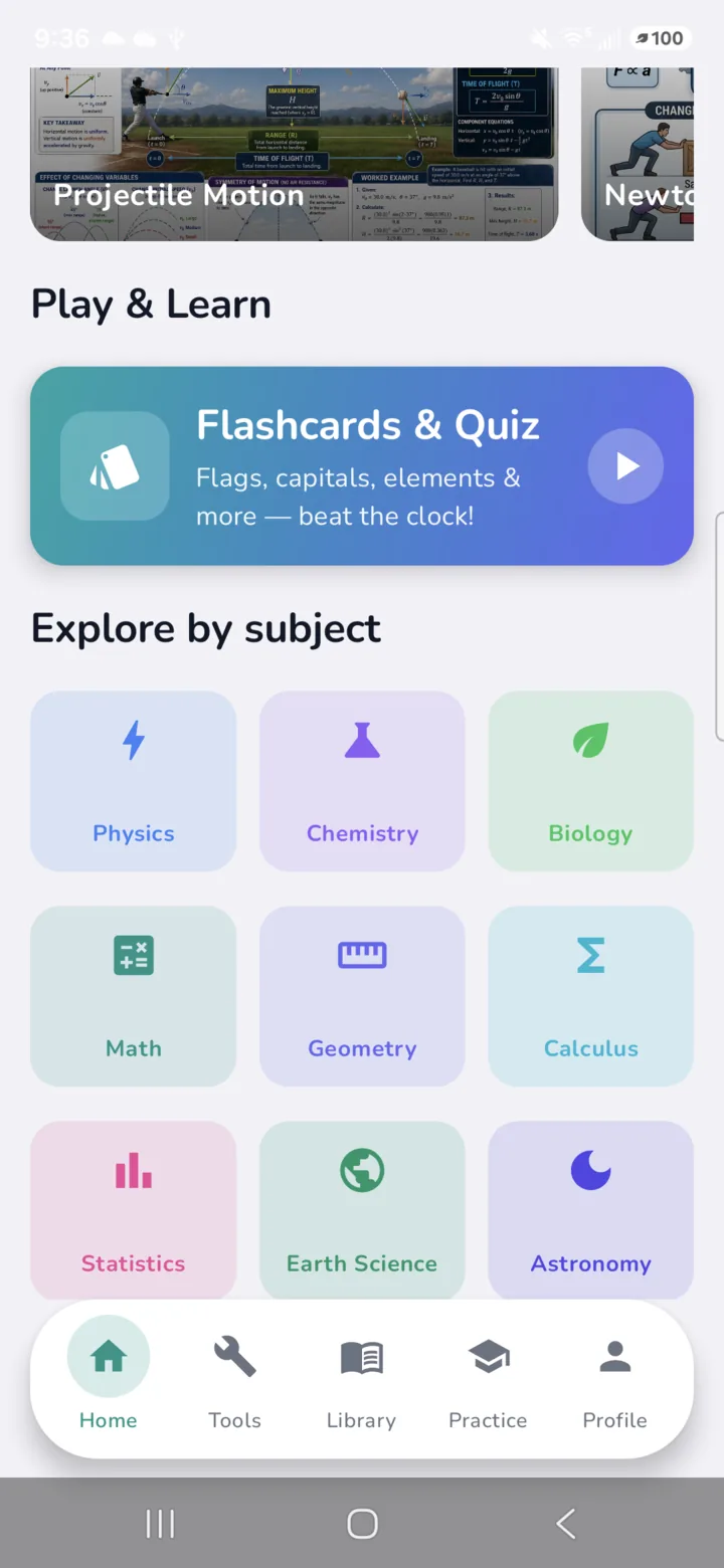 LivePhysics Android home dashboard