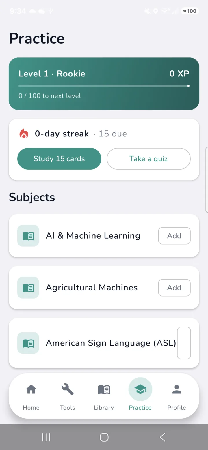 The spaced-practice home screen on Android