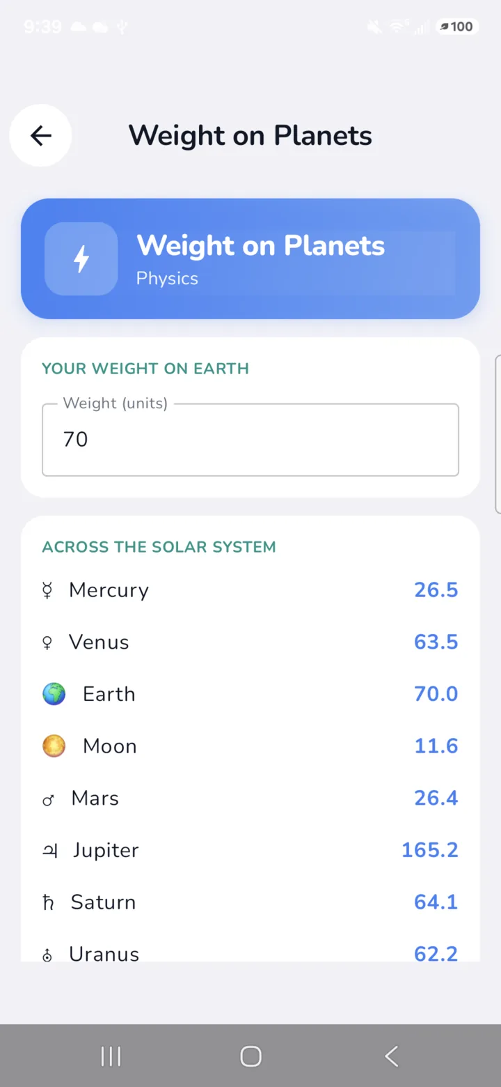 Weight on Planets tool comparing weight across the solar system