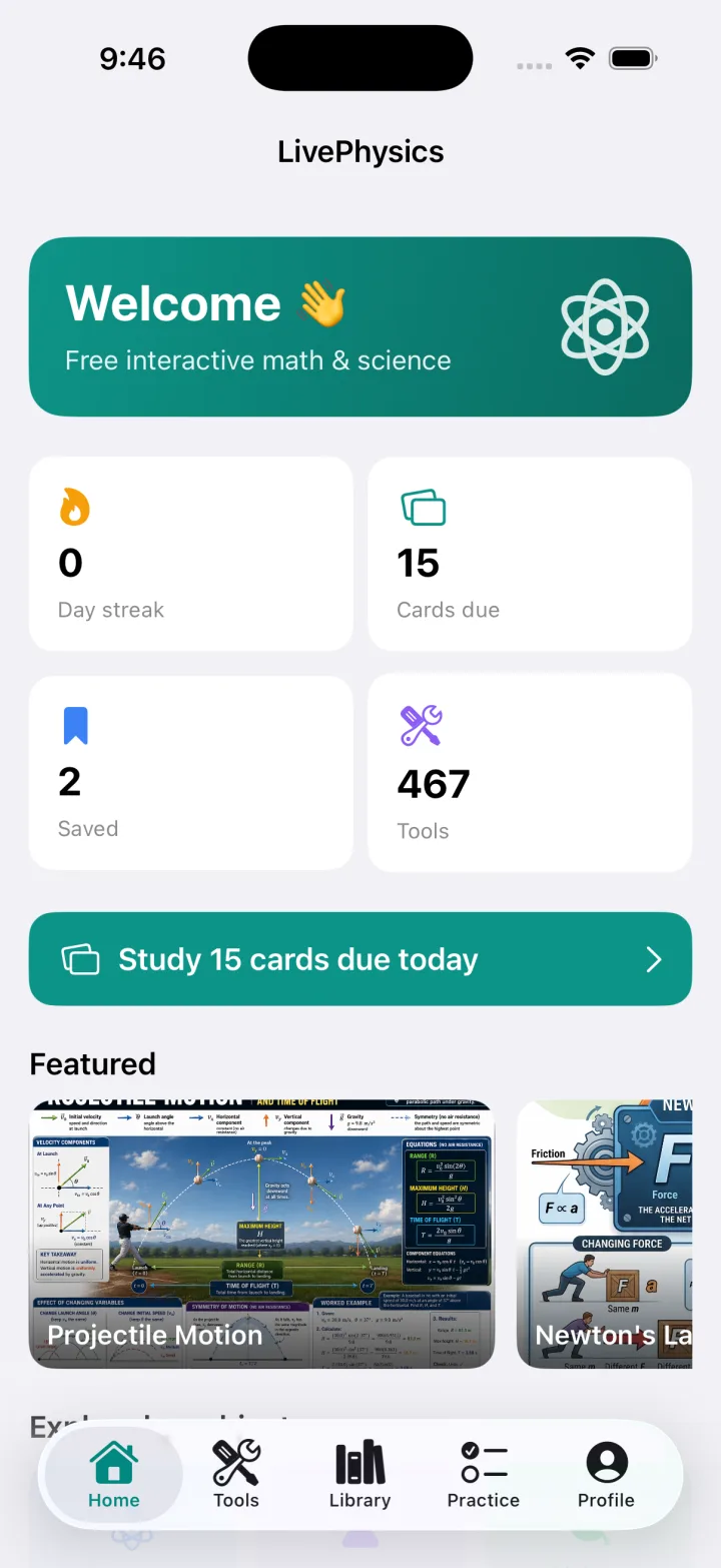 LivePhysics app home dashboard