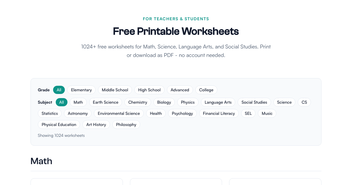 Free Printable Worksheets for K-12 | LivePhysics™