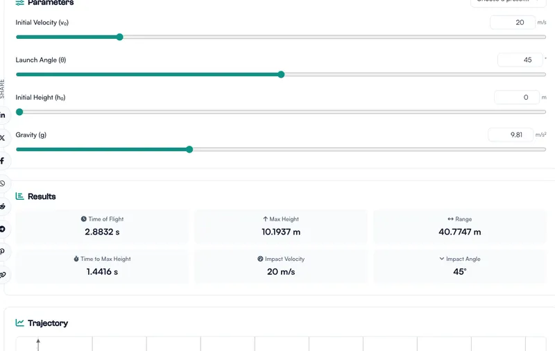 Projectile Motion Calculator tool screenshot