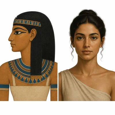 Side-by-side comparison of an Egyptian stylized figure and a modern realistic portrait.