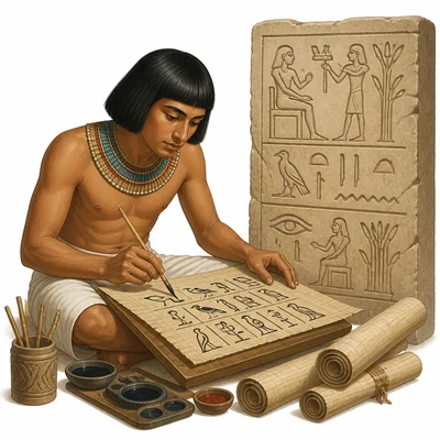Egyptian scribe writing on papyrus beside a stone wall with carved pictorial symbols.