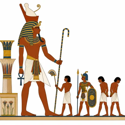Large pharaoh figure shown much bigger than smaller surrounding figures.