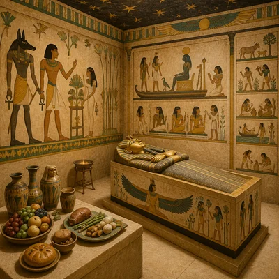 Egyptian tomb chamber with wall paintings, a sarcophagus, and offerings.