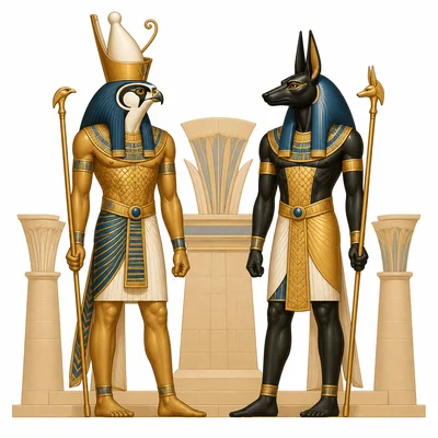 Egyptian-inspired gods with falcon and jackal heads on human bodies.