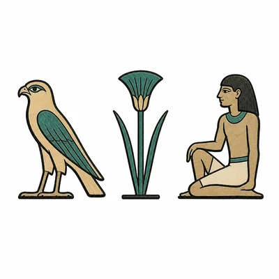 Three Egyptian-style symbols: a bird, a reed plant, and a seated person.