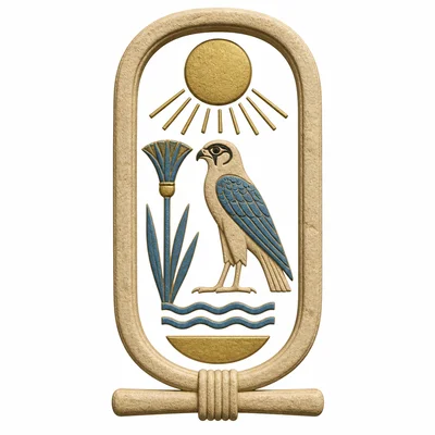 An Egyptian cartouche oval enclosing simple pictorial symbols.