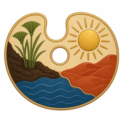 Symbolic Egyptian color examples shown with soil, water, plants, sun, and desert sand.