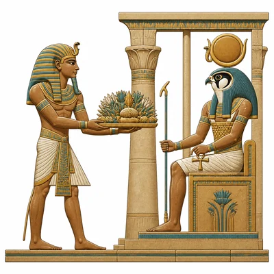 Pharaoh offering food or flowers to an Egyptian god in a temple scene.