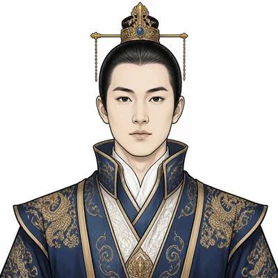 A portrait figure wearing ceremonial clothing and a crown.