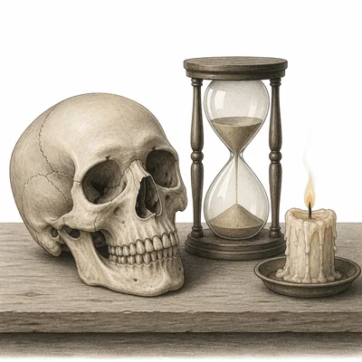 A skull, hourglass, and fading candle arranged as a vanitas still life.