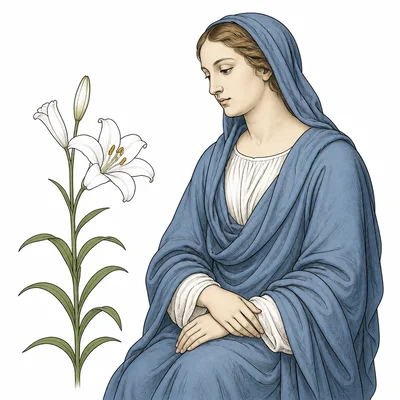 A robed woman shown beside a white lily flower.