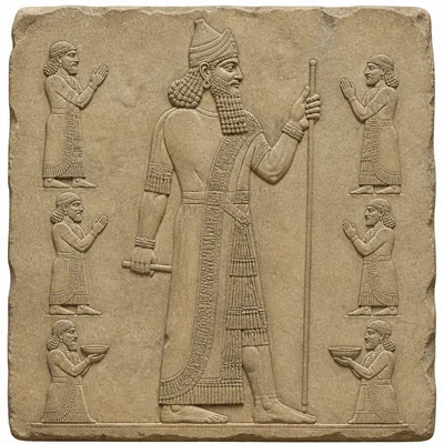 A large ruler figure towers over smaller figures in an ancient relief-style scene.