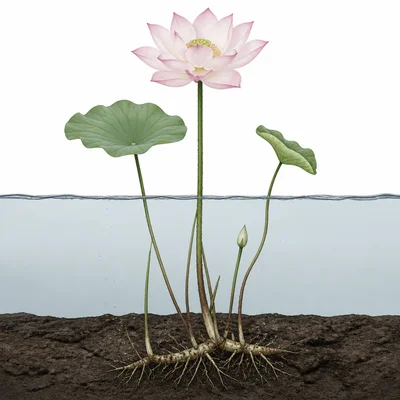 A lotus flower rises cleanly above muddy water.