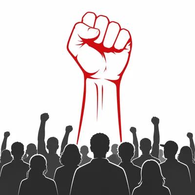 A clenched fist raised above a crowd of people.