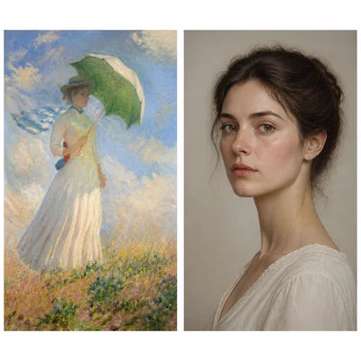 Side-by-side comparison of a loose, bright Impressionist figure scene and a detailed realistic portrait.
