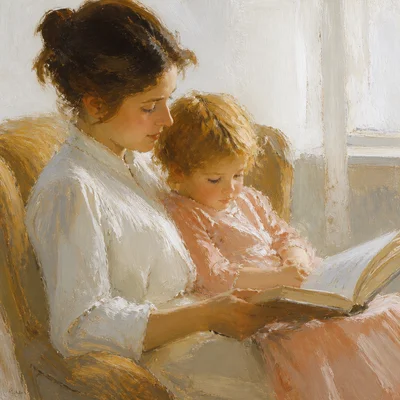 A woman and child in an everyday setting painted with soft Impressionist brushstrokes.